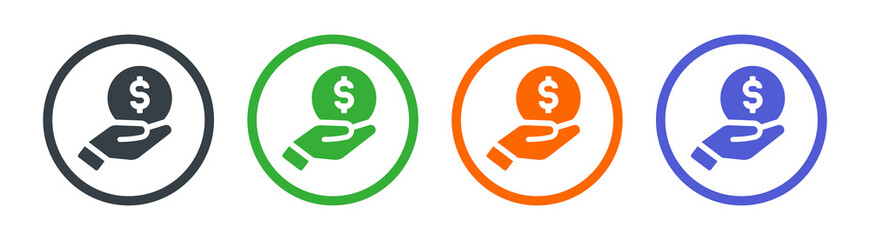 Hand holding dollar, in colorful graphic symbols on white background. Saving money concept