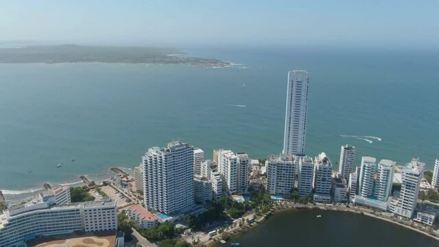 Aerial view of Cartagena city, Colombia. Cartagena is a Colombian port city on the Caribbean coast. Thanks to its tropical climate, Cartagena is popular with beach lovers.