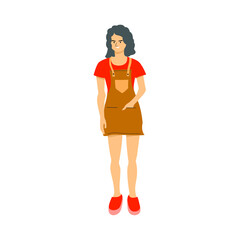 A young woman works as barista wearing brown leather apron.Flat vector design character illustration with white background.