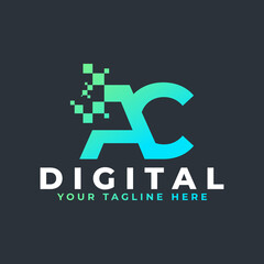Tech Letter AC Logo. Blue and Green Geometric Shape with Square Pixel Dots. Usable for Business and Technology Logos. Design Ideas Template Element.