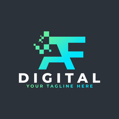 Tech Letter AF Logo. Blue and Green Geometric Shape with Square Pixel Dots. Usable for Business and Technology Logos. Design Ideas Template Element.