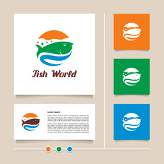 Fish world logo vector design with modern orange, blue and green color. Sea world logo vector illustration
