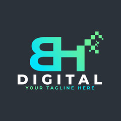Tech Letter BH Logo. Blue and Green Geometric Shape with Square Pixel Dots. Usable for Business and Technology Logos. Design Ideas Template Element.