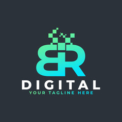 Tech Letter BR Logo. Blue and Green Geometric Shape with Square Pixel Dots. Usable for Business and Technology Logos. Design Ideas Template Element.