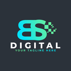 Tech Letter BS Logo. Blue and Green Geometric Shape with Square Pixel Dots. Usable for Business and Technology Logos. Design Ideas Template Element.