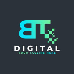Tech Letter BT Logo. Blue and Green Geometric Shape with Square Pixel Dots. Usable for Business and Technology Logos. Design Ideas Template Element.