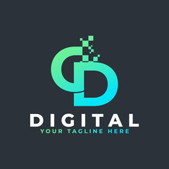 Tech Letter CD Logo. Blue and Green Geometric Shape with Square Pixel Dots. Usable for Business and Technology Logos. Design Ideas Template Element.