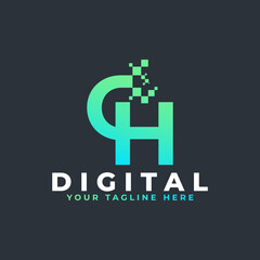 Tech Letter CH Logo. Blue and Green Geometric Shape with Square Pixel Dots. Usable for Business and Technology Logos. Design Ideas Template Element.