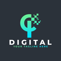 Obraz premium Tech Letter CI Logo. Blue and Green Geometric Shape with Square Pixel Dots. Usable for Business and Technology Logos. Design Ideas Template Element.