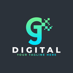 Tech Letter CJ Logo. Blue and Green Geometric Shape with Square Pixel Dots. Usable for Business and Technology Logos. Design Ideas Template Element.