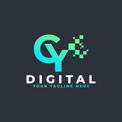 Tech Letter CY Logo. Blue and Green Geometric Shape with Square Pixel Dots. Usable for Business and Technology Logos. Design Ideas Template Element.