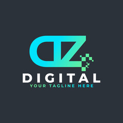 Tech Letter DZ Logo. Blue and Green Geometric Shape with Square Pixel Dots. Usable for Business and Technology Logos. Design Ideas Template Element.