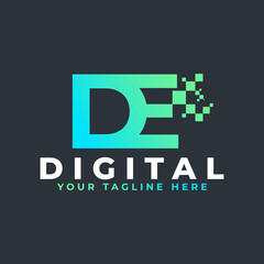 Tech Letter DE Logo. Blue and Green Geometric Shape with Square Pixel Dots. Usable for Business and Technology Logos. Design Ideas Template Element.