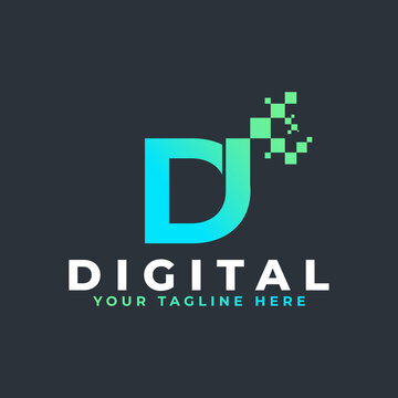 Tech Letter DI Logo. Blue and Green Geometric Shape with Square Pixel Dots. Usable for Business and Technology Logos. Design Ideas Template Element.