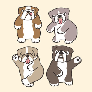 Vector Illustration of 4 Cartoon Bulldog Characters on Isolated Background