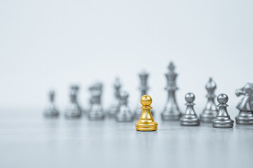 Close-up chess standing first in line teamwork on chess board concepts of business team and leadership strategy and organization risk management.