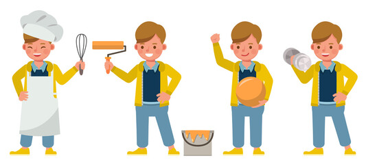 Set of children character vector design. Boy wear yellow shirt. Presentation in various action with emotions. kids doing activity.