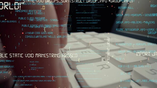 Creative visual of computer programming coding and software development shown by man working on computer keyboard with overlay of computer graphic displaying abstract program codes and computer script