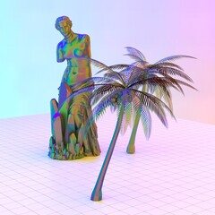 Statue of Venus de Milo with palm trees in neon lighting. Surreal room interior with ancient greek sculpture Aphrodite in vaporwave style. 3D illustration. © local_doctor