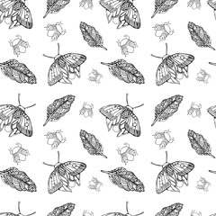 seamless pattern in black and white with insects and feathers