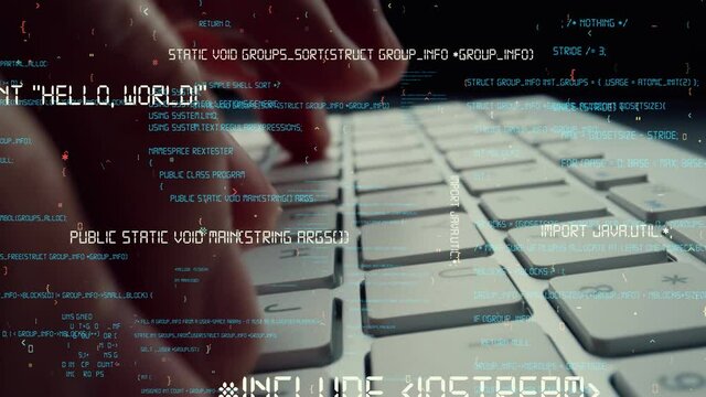 Creative visual of computer programming coding and software development shown by man working on computer keyboard with overlay of computer graphic displaying abstract program codes and computer script