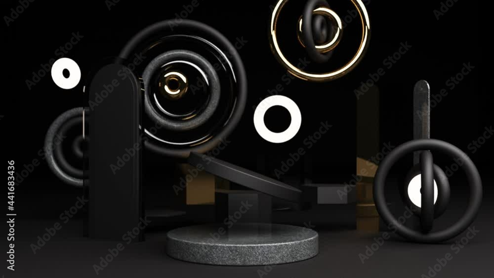 Fototapete position the geometric shapes with shiny black textures and mirrors on a black background. 3d render