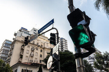 Pedestrian traffic light on the corners of Higienopolis and Angelica avenues, in the Higienopolis...