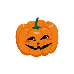 Orange pumpkin icon with face, eyes and emotions. Halloween holiday symbol, carved vegetable lantern. Design elements for festive decoration