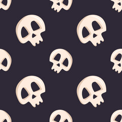Bright seamless pattern with skulls and crossbones on a dark background. Fashion print for kids party, holiday, halloween, textile and design