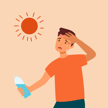 Man suffering from heat and sweaty dehydration from strong sunlight. Guy holding a bottle of water in flat design. Hot climate in summer.	