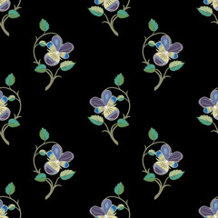 Seamless floral pattern with branches of pansy flowers. Viola tricolor. Folk style. On black background.
