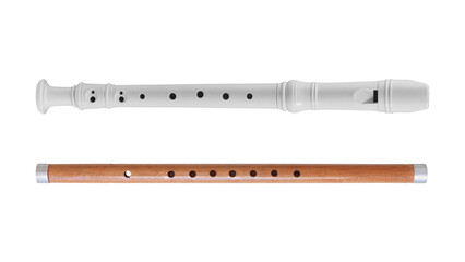 white plastic flute and wooden flute isolated on white background ,clipping path included use for design.
