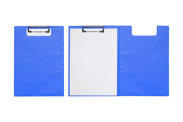 blue plastic clipboard with cover and blank paper sheet isolated on white on white background ,clipping path included for design.