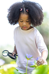 A curly-haired girl looks at a lotus flower with a magnifying glass.