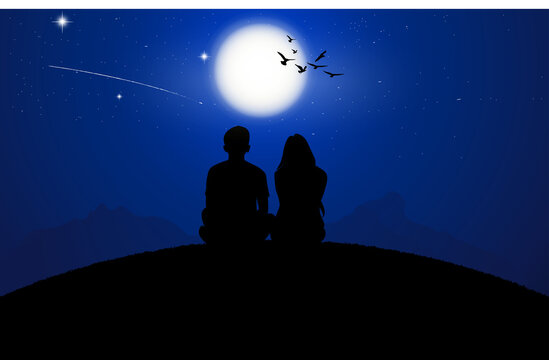 silhouette image A couple man and woman sitting with Moon on sky at night time design vector illustration