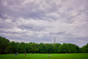 春、調布の公園で遊ぶ親子