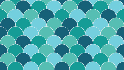 Fishscale scallop, moroccan mermaid tile mosaic. Multicolour Turquoise, teal green, aqua and dark blue fish scale tiles with white outline. Seamless vector repeat background texture pattern wallpaper 