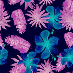 Fototapeta na wymiar Pink Seamless Texture. Blue Pattern Plant. Navy Tropical Vintage. Violet Flower Texture. Purple Decoration Background. Azure Watercolor Leaf. Banana Leaves.