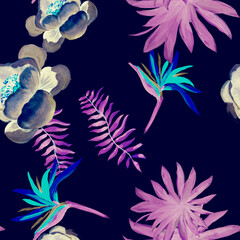 Navy Tropical Vintage. Purple Seamless Botanical. Pink Pattern Foliage. Indigo Drawing Botanical. Blue Floral Exotic. Cobalt Decoration Painting. Decoration Leaves.