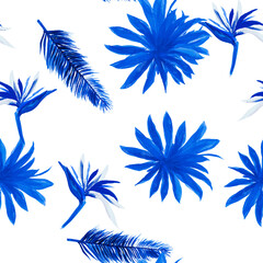 Fototapeta na wymiar Navy Pattern Design. White Seamless Art. Cobalt Tropical Art. Blue Flower Botanical. Indigo Floral Exotic. Wallpaper Painting. Decoration Nature.