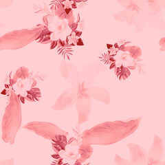 Coral Seamless Leaf. Pink Pattern Design. White Tropical Exotic. Gray Flower Nature. Flora Botanical. Watercolor Background. Floral Plant. Summer Background.