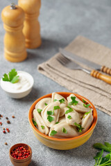 Dumplings, stuffed with mashed potatoes. Russian, Ukrainian or Polish dish vareniki.