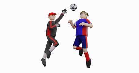 3D Illustration of goal keeper and male athlete soccer heading the ball, 3D rendering soccer concept