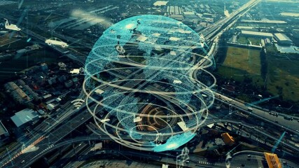 Global connection and traffic modernization in smart city . Concept of future 5G wireless digital connecting and logistics networking .