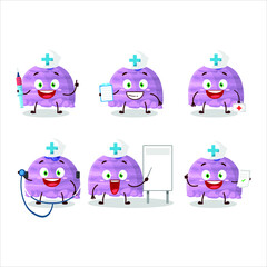 Doctor profession emoticon with blueberry ice cream scoops cartoon character. Vector illustration