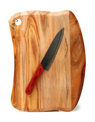Knife on cutting board on white background