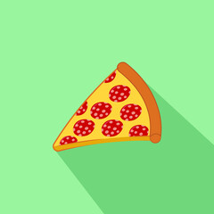 Slice of italian pepperoni pizza on blue background with shadow, side view