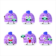 Photographer profession emoticon with blueberry ice cream scoops cartoon character. Vector illustration