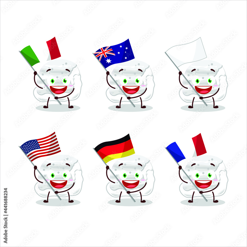 Poster Milk ice cream scoops cartoon character bring the flags of various countries. Vector illustration