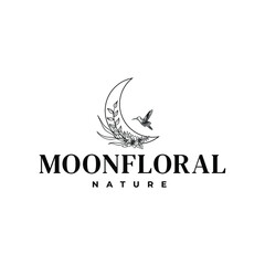 Fototapeta premium Cresent Moon With Flower Floral Leaves, Bird Hummingbird Logo Vector Illustration Template Icon Design 